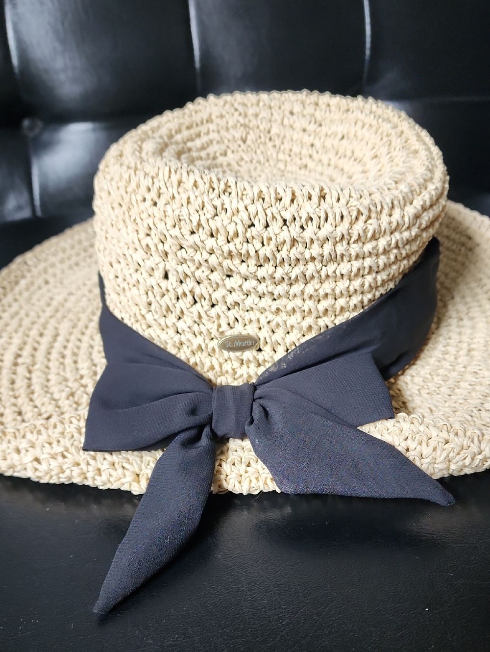 Saint Martin Crochet Raffia Straw Sun Hat Wide Brim Black Bow UPF 50+ Boho Chic